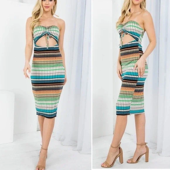 THE SANG MultiColor Brallete Style Tube Top With Pull String Front Bodycon Dress - Picture 1 of 12